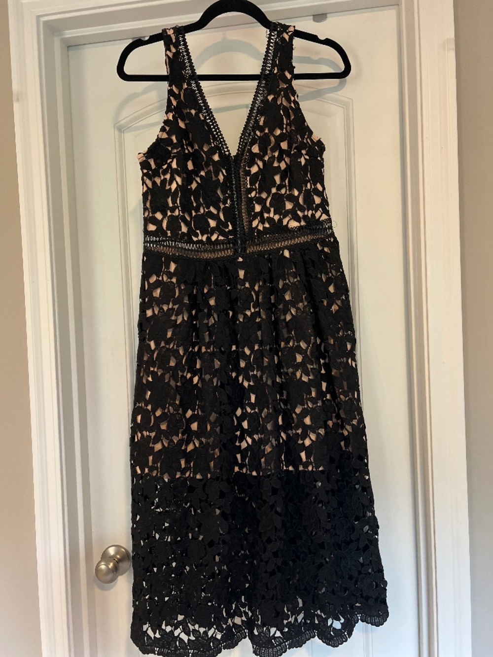 Just Me black lace dress with open detail and slip